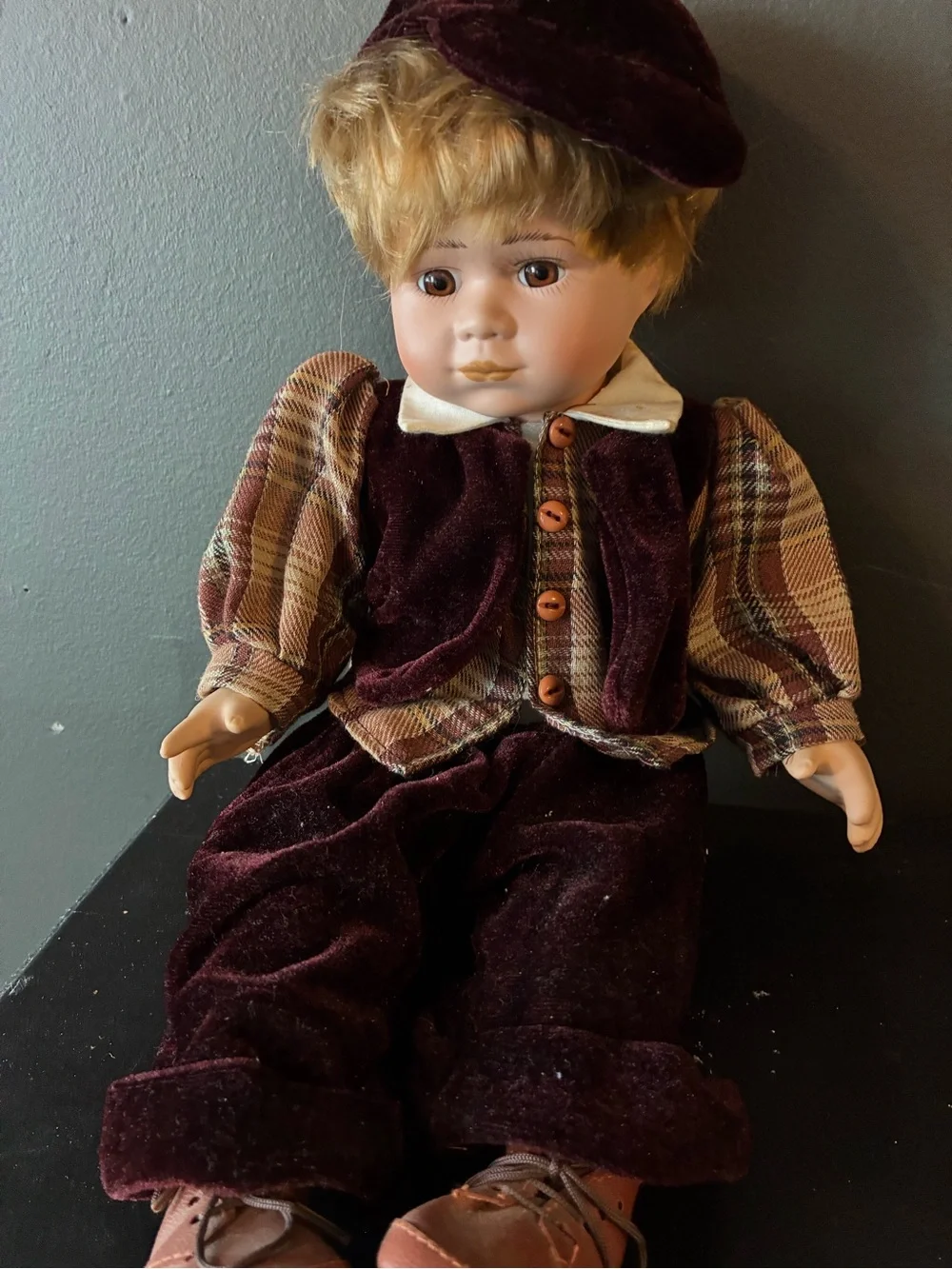 Porcelain 1990’s Boy Doll in Deep Brown Velvet Outfit